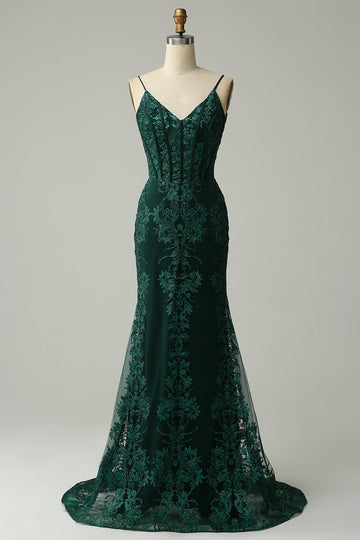 Mermaid Spaghetti Straps Peacock Green Ball Dress with Appliques
